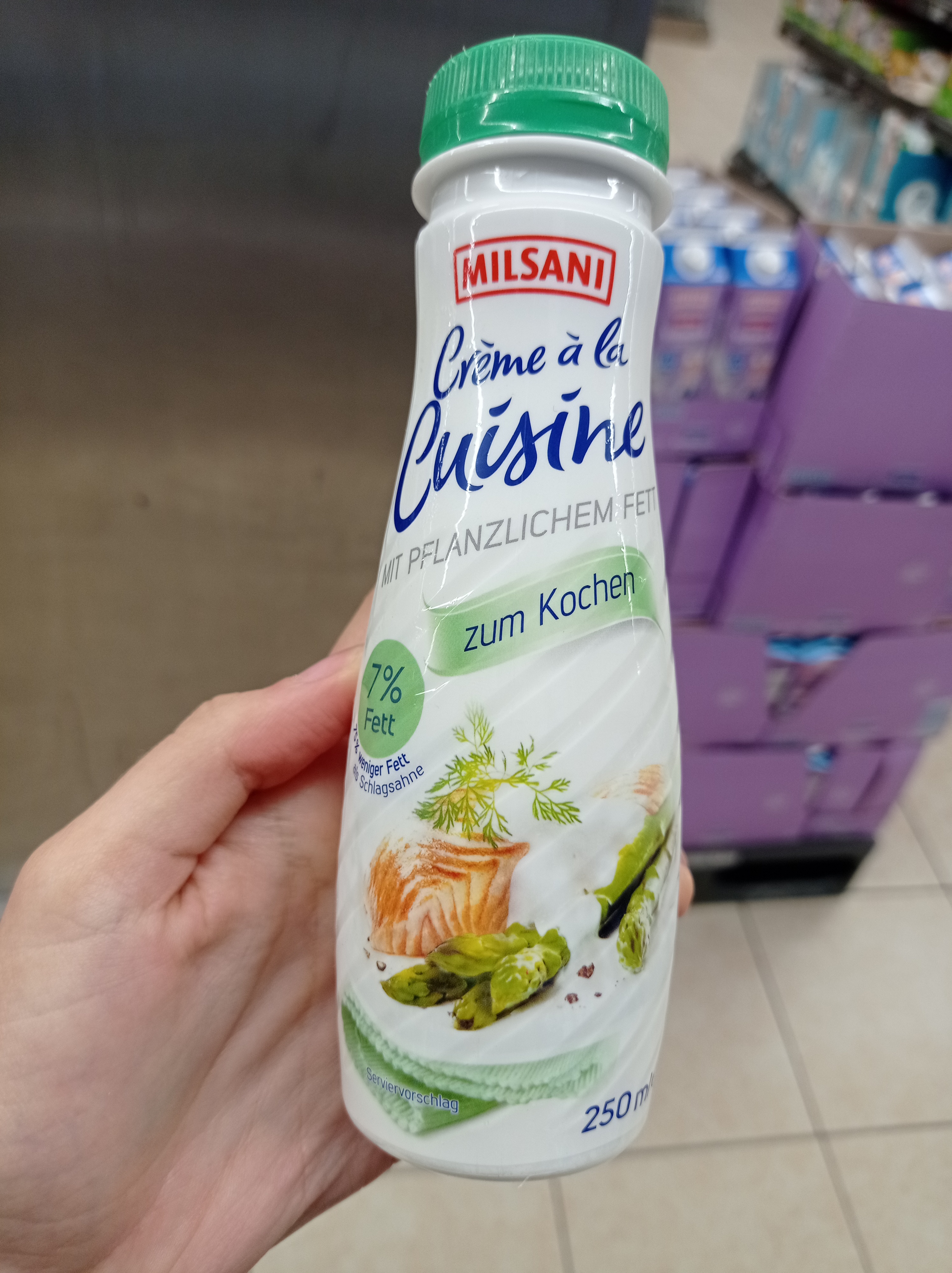 ALDI Milsani Kochsahne 7%Fett 250g Aus der Kühlung Dauertiefpreis 0.89€ 250ml Flasche 1l 3.56€